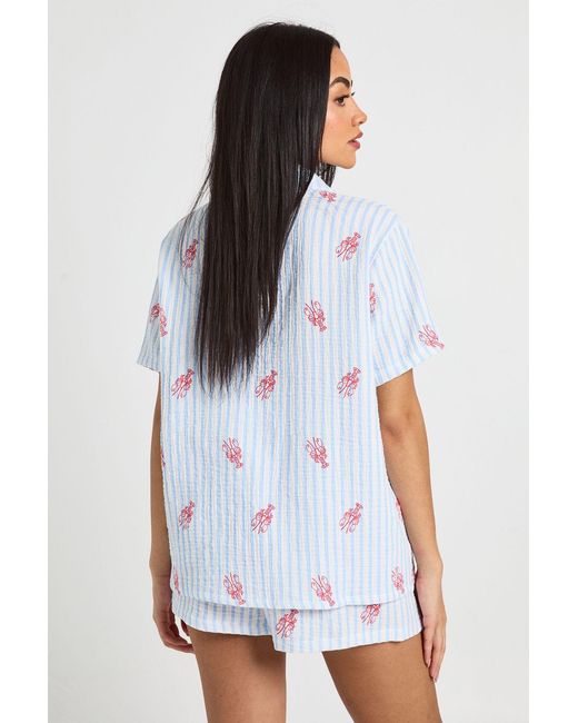 Boohoo White Cotton Stripe Lobster Print Short Sleeve Shirt & Pyjama Set