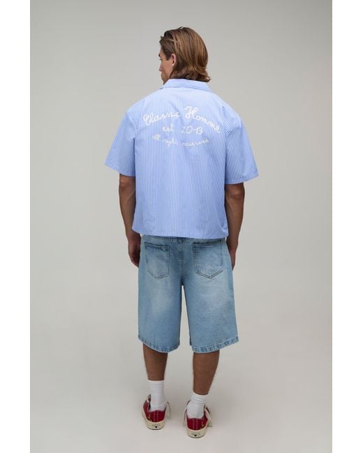BoohooMAN Blue Oversized Boxy Stripe Patch Half Sleeve Shirt for men