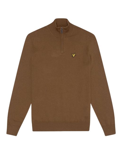 Lyle & Scott Brown Plain Branded Cotton Merino Quarter Zip Wild Nettle Jumper for men