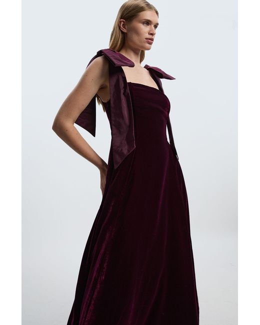 Karen Millen Purple Velvet Bardot Woven Prom Midaxi Dress With Taffeta Bow