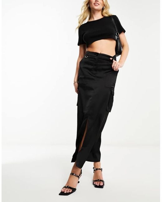 Naanaa Black Satin Midi Skirt With Cargo Pockets