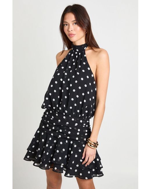 Boohoo Black Polka Dot Halter Neck Ruffle Skater Dress