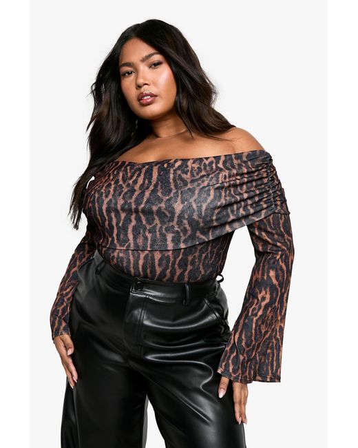 Boohoo Black Plus Ruched Bardot Leopard One Piece