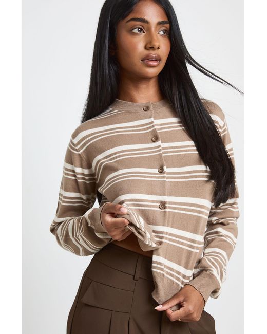 Boohoo Brown Super Soft Stripe Crew Neck Knitted Cardigan