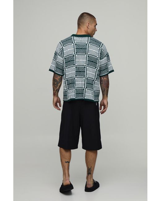 BoohooMAN Green Boxy Fit Square Tapestry Button Up Knitted Shirt for men