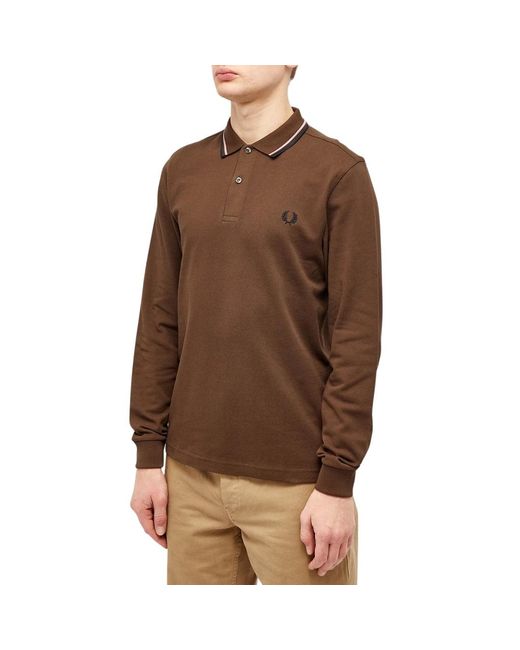 Fred Perry Brown Twin Tipped Collar Burnt Tobacco Long Sleeve Polo Shirt for men