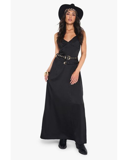 Boohoo Black Satin Strappy Cross Over Slip Dress