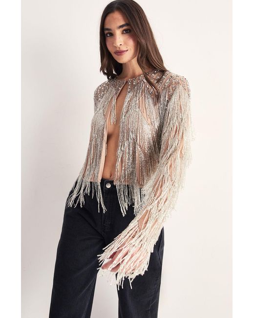Nasty Gal Natural Hand Embellished Tassel Zig Zag Jacket
