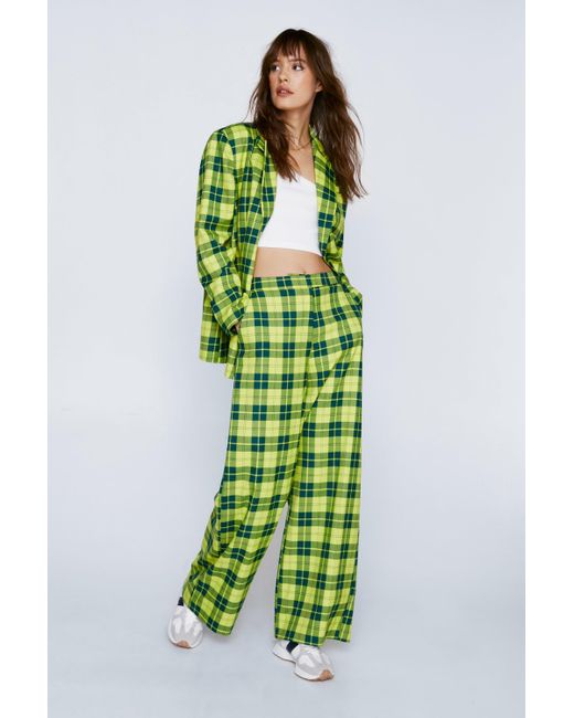 Nasty Gal Green Check Wide Leg Trousers