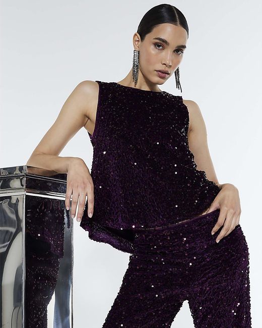 River Island Blue Top Velvet Sequin Sleeveless Bow Back