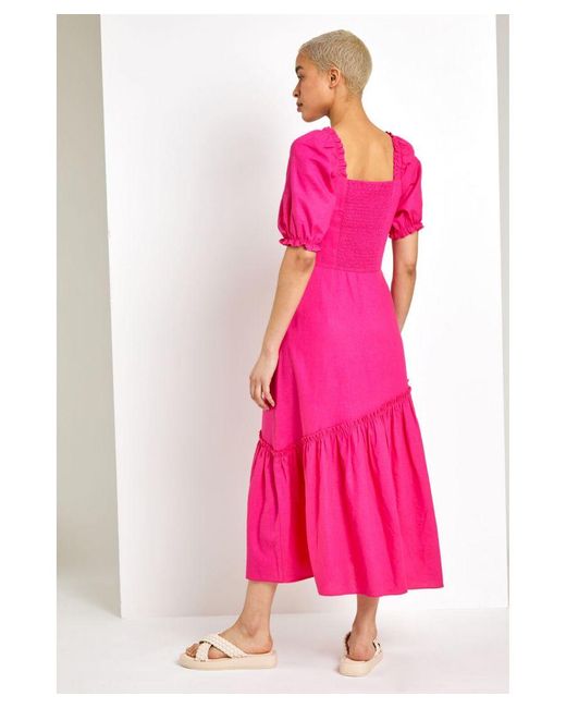 D.u.s.k Pink Square Neck Asymmetric Tiered Midi Dress