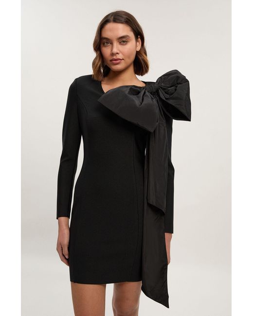 Karen Millen Black Figure Form Bandage Taffeta Bow Knit Mini Dress