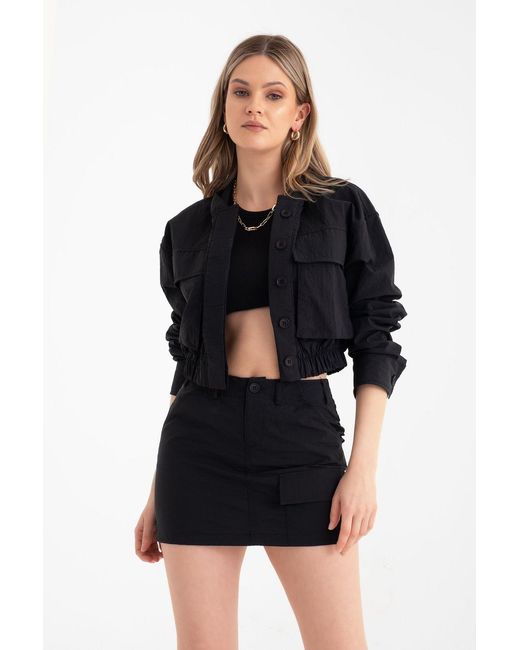 Hiccup Black Parachute Cropped Jacket With A Pocket Detail