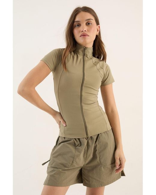 DSGN Studio Green Sculpt Zip Through Short Sleeve Top