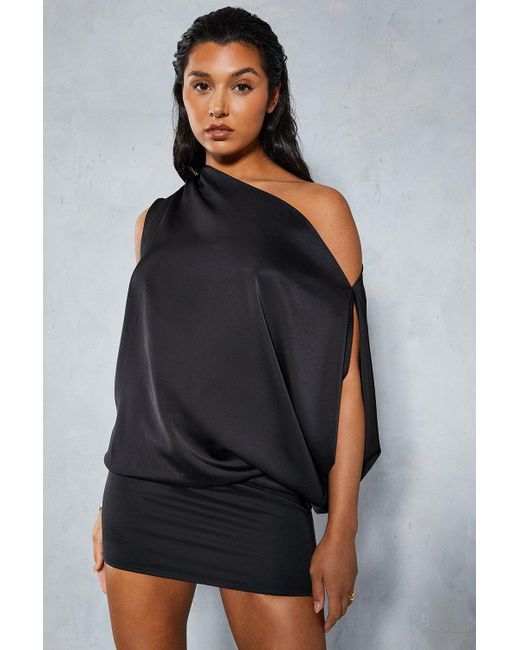 MissPap Blue Satin Off Shoulder Asymmetric Bodycon Mini Dress