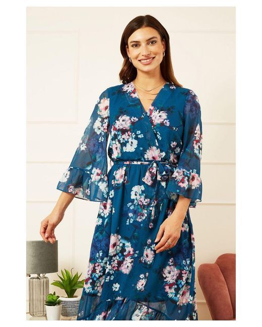 Yumi' Blue Teal Watercolour Floral Dip Hem Midi Dress
