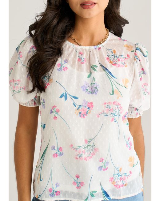 Gini London White Off Floral Dobby Chiffon Shirred Cuff Blouse