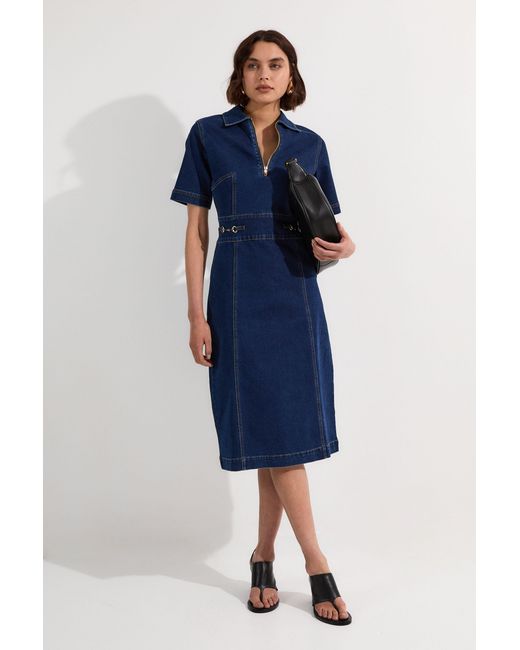 Karen Millen Blue Stretch Denim Snaffle Trim Collared Midi Dress