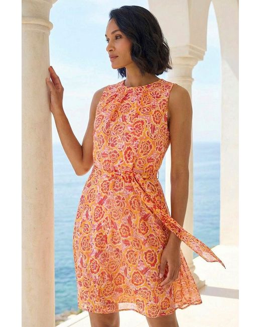D.u.s.k Orange Floral Shimmer Tie Waist Dress