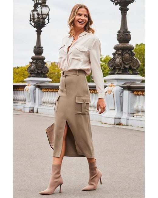 Sosandar Camel Pocket Detail Utility Midi Skirt in Brown Lyst UK