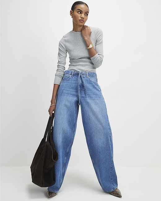 River Island Blue Wide Leg Jeans Drawstring Balloon Cotton