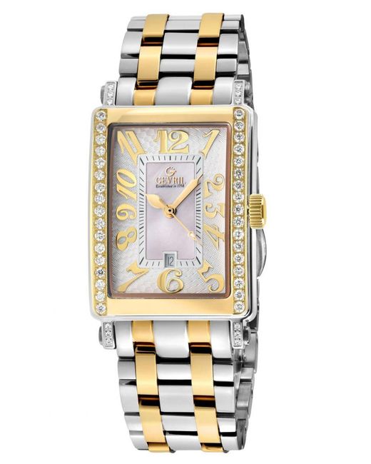 Gevril Metallic Ave Of Americas Mini Swiss Quartz Two Toned Ipyg Stainless Steel Diamond Case, Mop Dial Watch