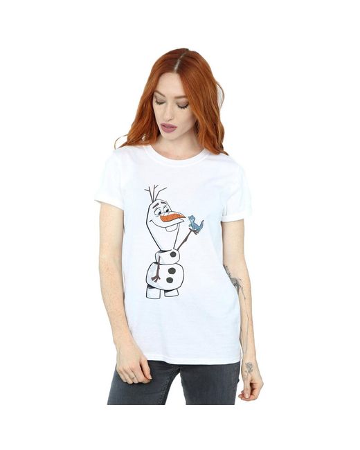 Disney White Ladies Frozen 2 Olaf And Salamander Cotton Boyfriend T-Shirt