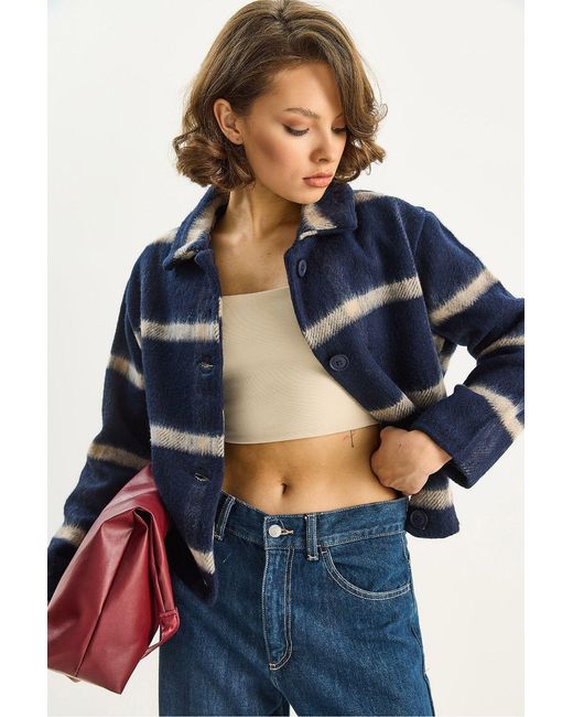 Bianco Lucci Blue Striped Textured Button-Front Cropped Jacket