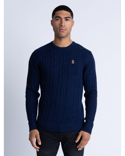 Luke 1977 Blue Morden Textured Crew Neck Knitted Jumper for men