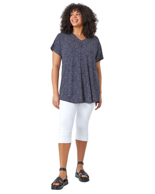 Roman Blue Ditsy Spot Print V-Neck Stretch Top