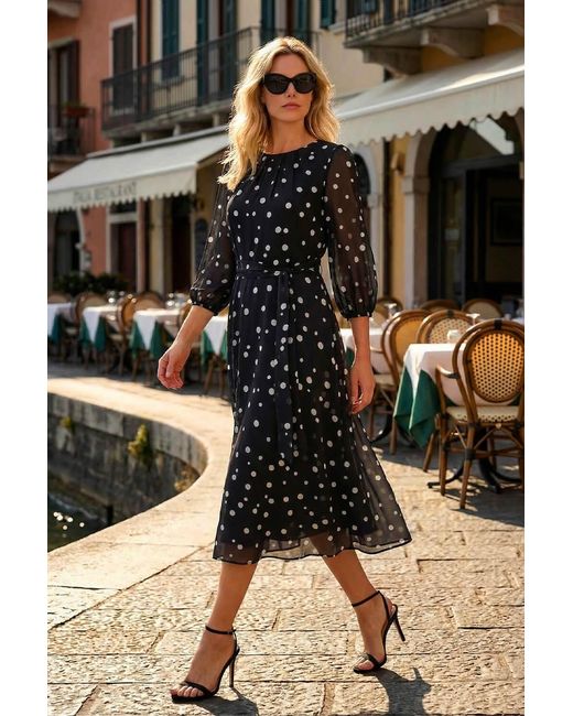Roman Black Spot Print Pleat Neck Midi Dress