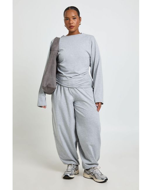Boohoo Gray Plus Shoulder Pad Ruched Side Long Sleeve Top