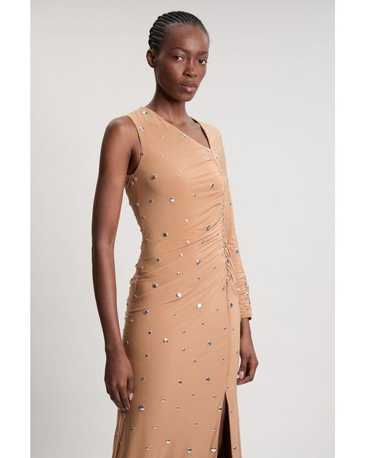 Karen Millen Natural Premium Slinky Crepe Embellished Cut Out Maxi Dress