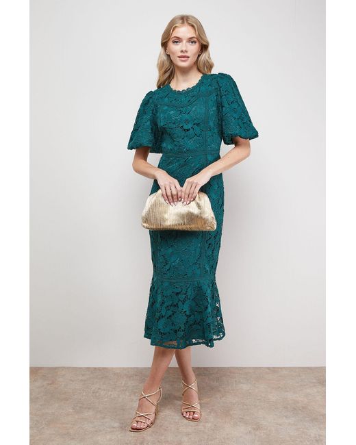 Oasis Green Lace Trim Detail Puff Sleeve Peplum Midi Dress