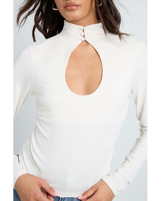Boohoo White Cupro Key Hole Button Detail Long Sleeve Top