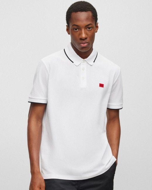 HUGO White Deresino232 Tipped Polo Shirt With Logo Label Colour: Open 120, Size: L for men