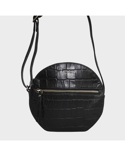 Assots London 'jane' Black Croc Leather Round Designer Crossbody Bag