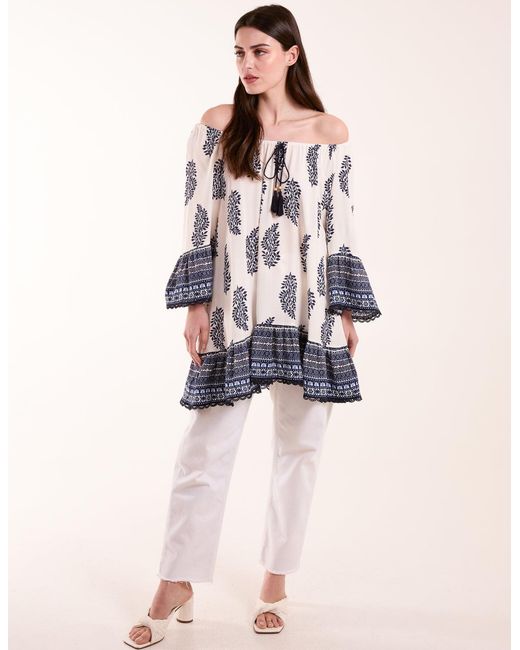 Blue Vanilla Pink Mix Print Bardot Blouse With Tassel
