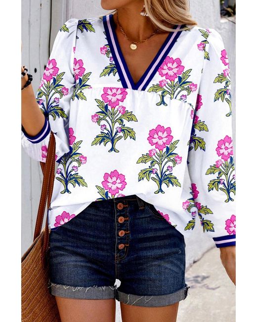 Azura Exchange Bloemenprint V-hals Top Met 3/4 Mouwen in het Blue