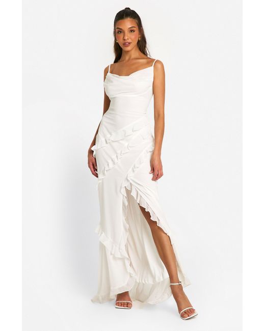 Boohoo Natural Ruffle Cowl Split Maxi Dress