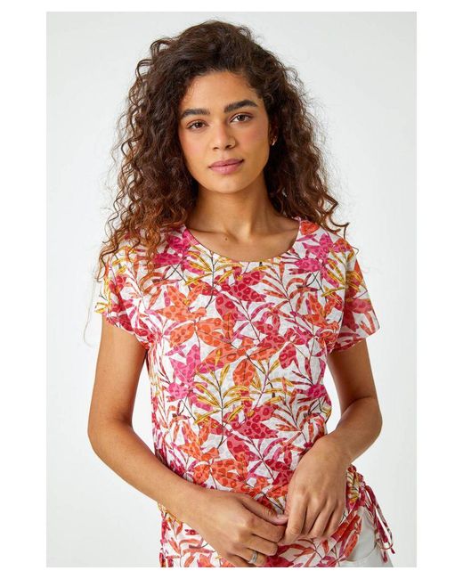 Roman Red Leaf Print Side Tie Stretch Top