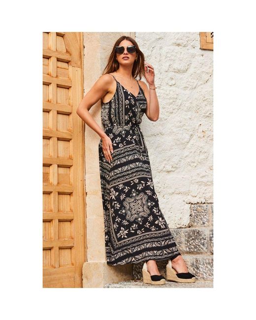 Sosandar Black Scarf Print Tie Waist Maxi Dress