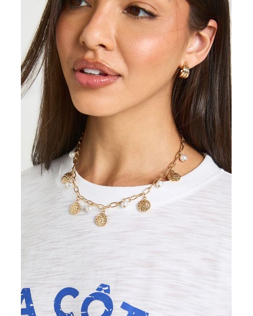 Boohoo White Hammered Disc & Pearl Scatter Chain Necklace