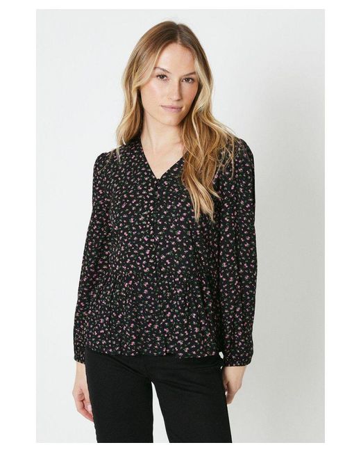 MAINE Black Ditsy Floral Long Sleeve Button Front Tie Blouse Viscose