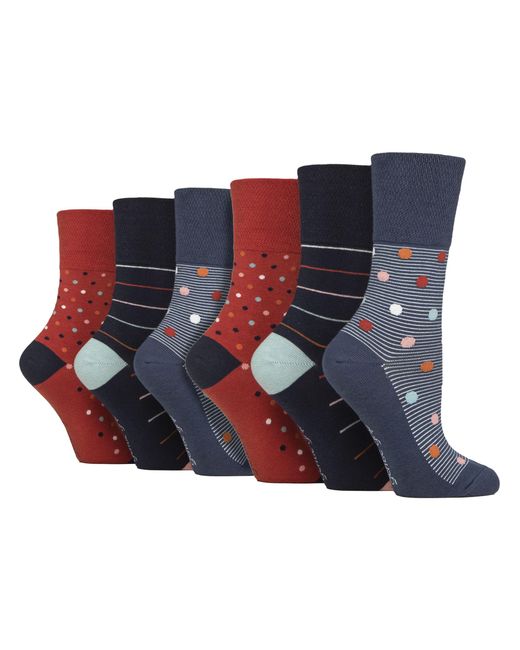 Gentle Grip Blue 6 Pack Ladies Non Elastic Loose Top Patterned Cotton Rich Socks