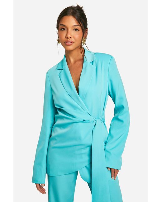 Boohoo Blue Drape Tie Waist Fitted Tailored Blazer