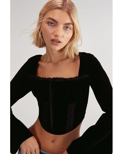Nasty Gal Black Velvet Lace Trim Tie Long Sleeve Corset Top