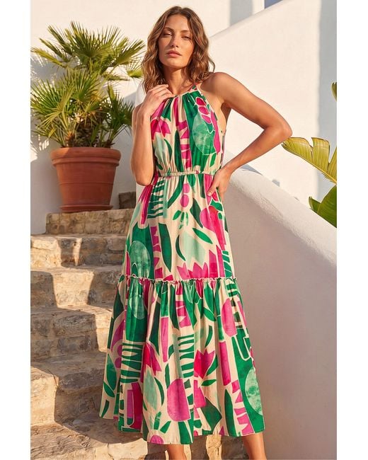 Roman Pink Petite Print Tiered Hem Maxi Dress
