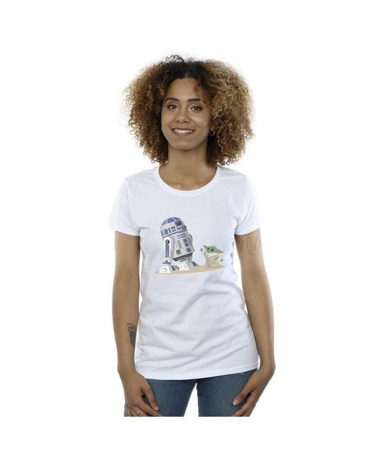 Star Wars White Ladies The Mandalorian R2D2 And Grogu Cotton T-Shirt