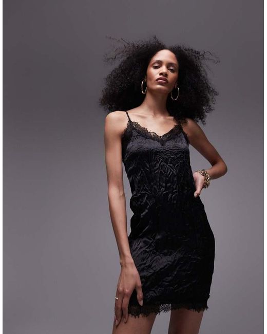 TOPSHOP Black Lace And Crinkle Mix Mini Slip